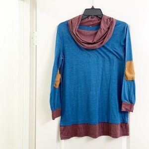 Color block elbow patch cowl neck sweater
